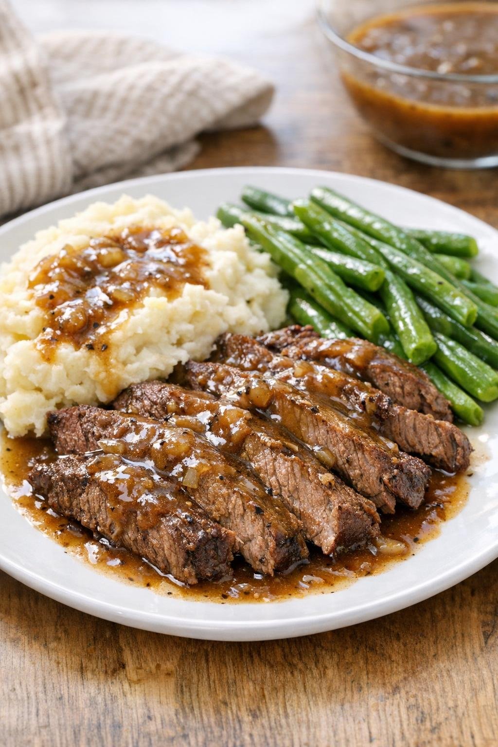 Finished slow cooker flat iron steak plated with gravy