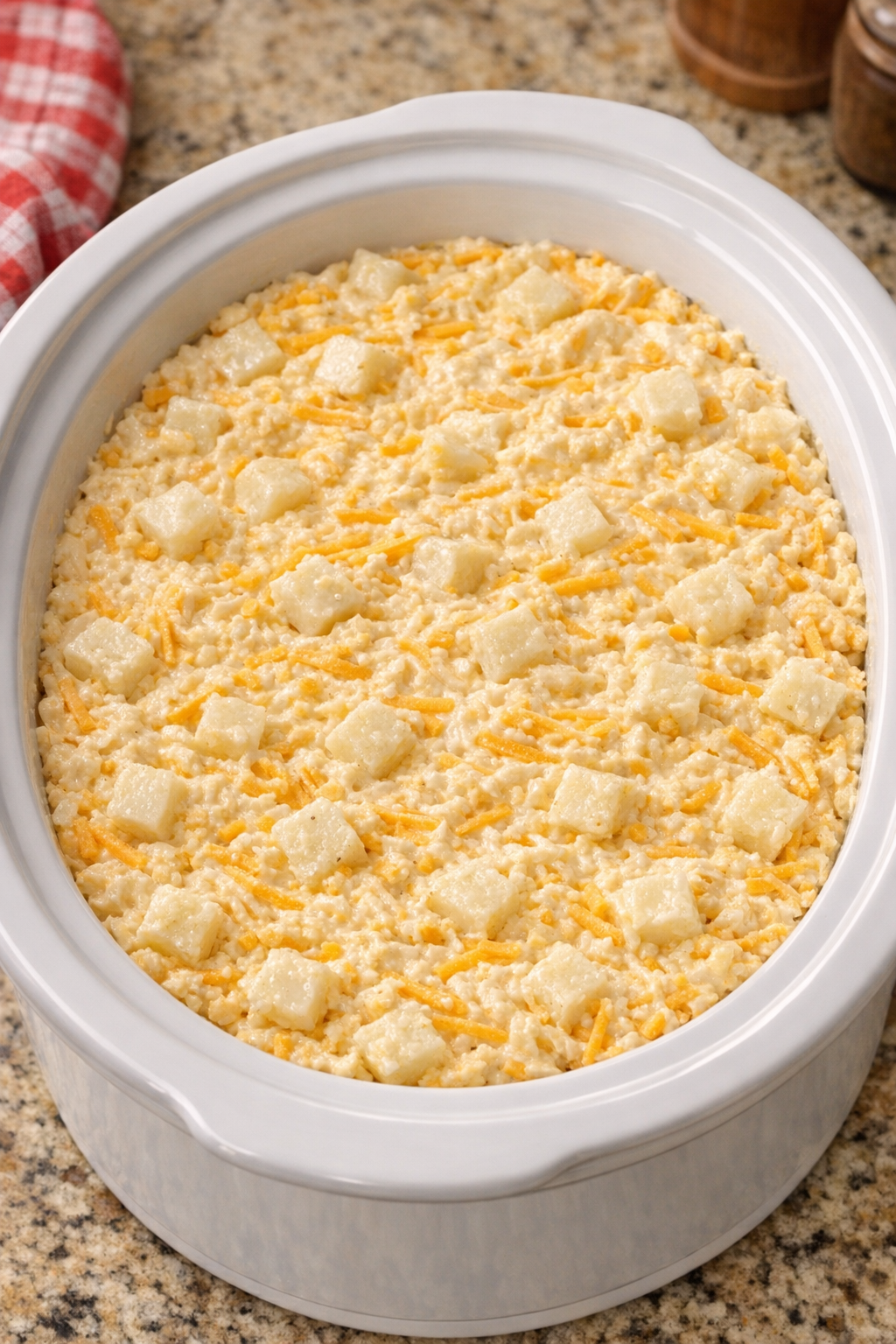 Hash brown mixture spread into a white slow cooker