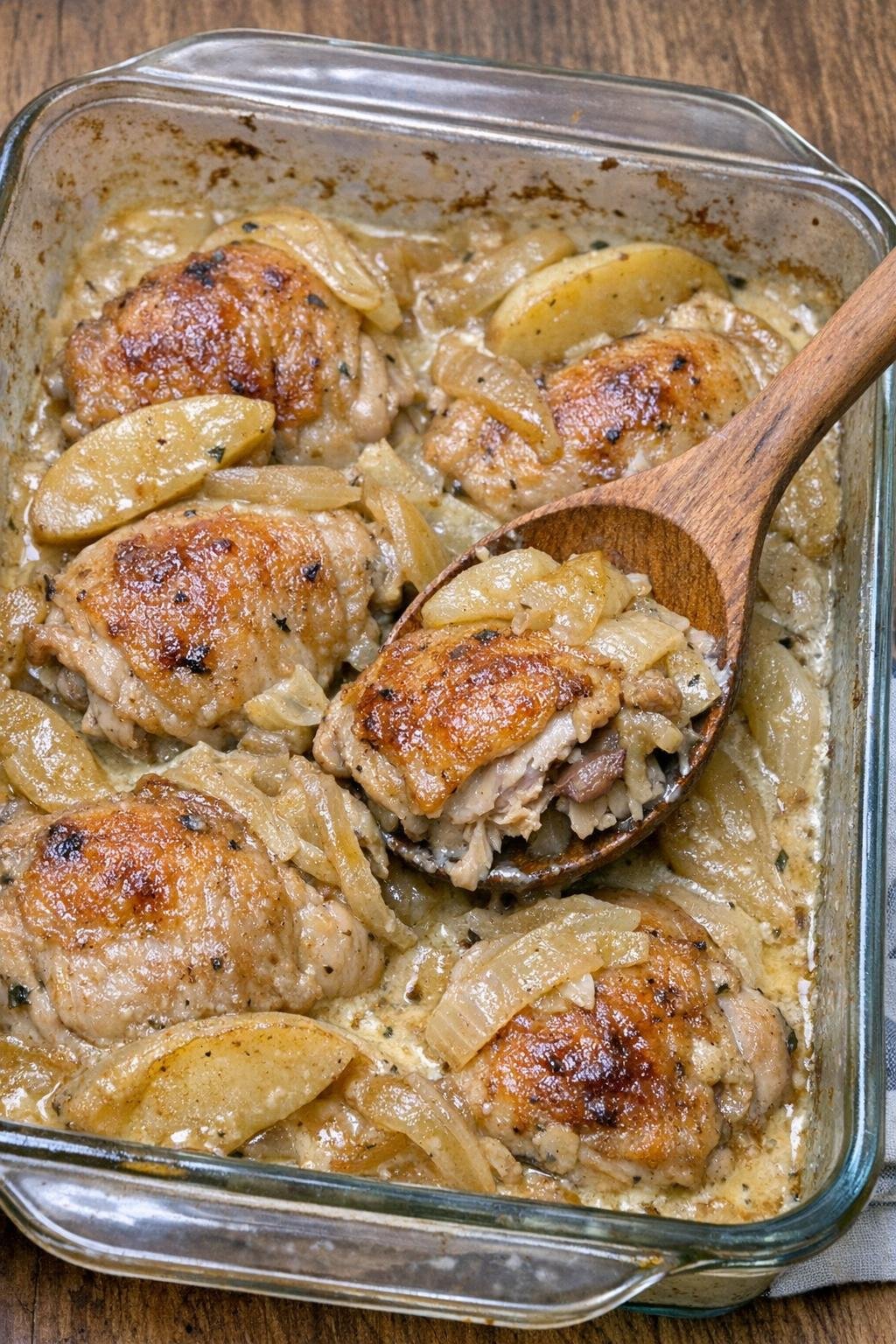 Caramelized chicken thighs with apples and onions in cream sauce