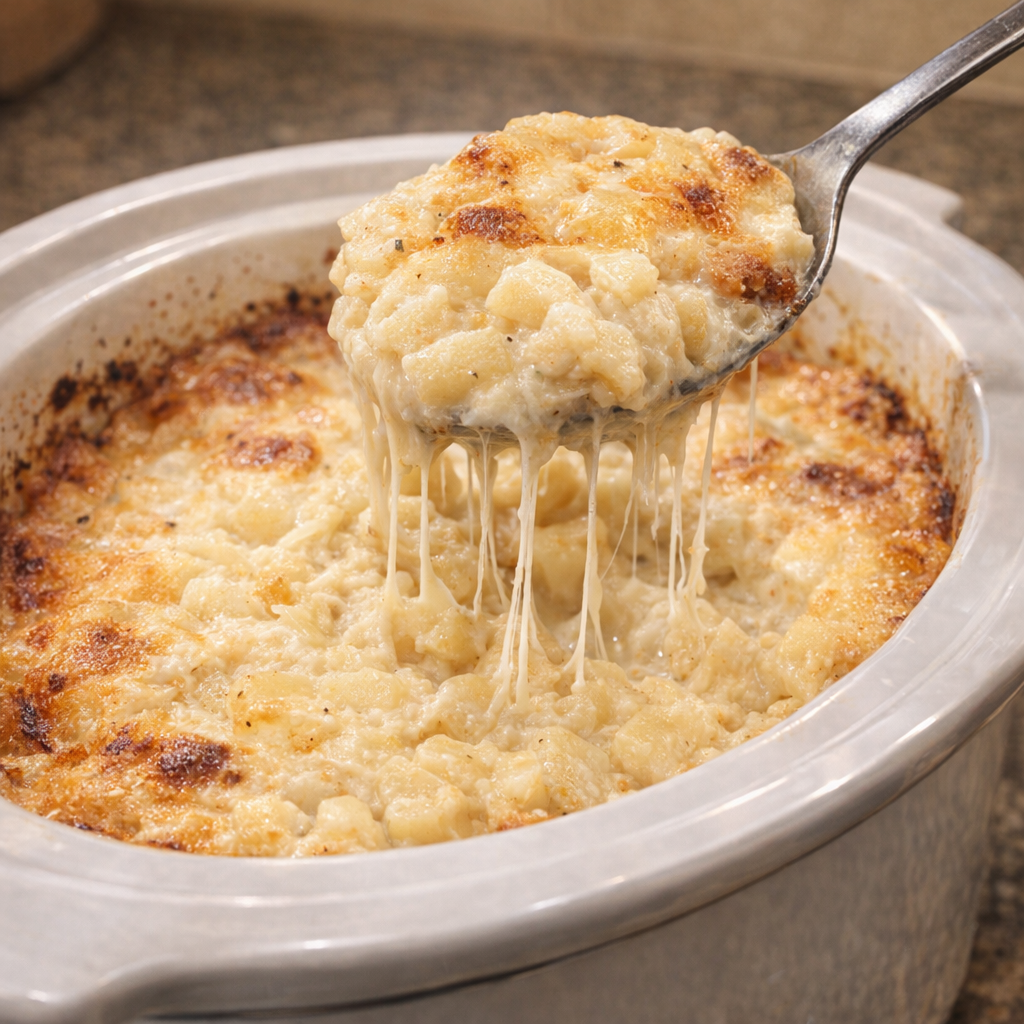 Serving spoon lifting cheesy scalloped potatoes from the cooker
