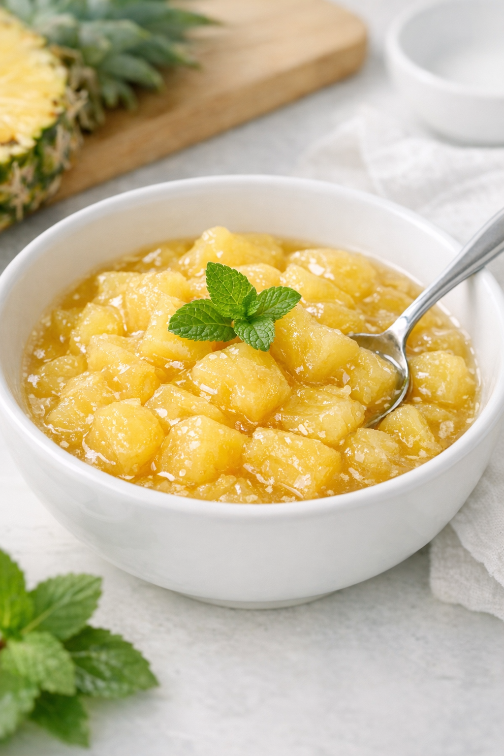 Warm slow cooker pineapple dessert in a white bowl