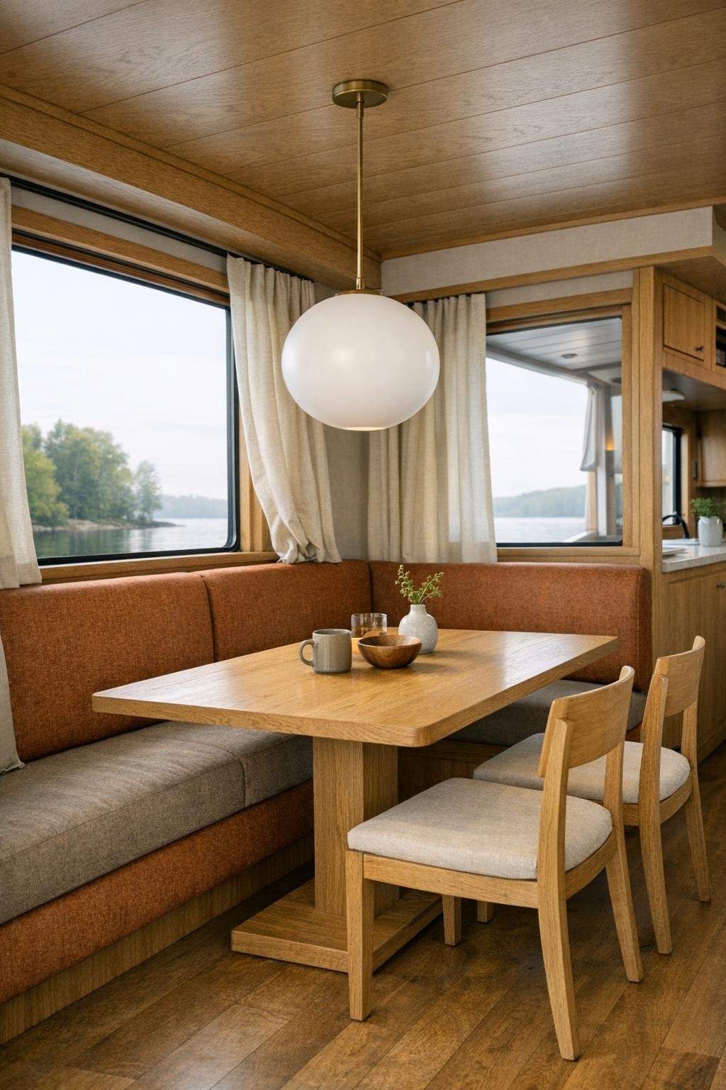 Houseboat dining nook with banquette seating and oak table