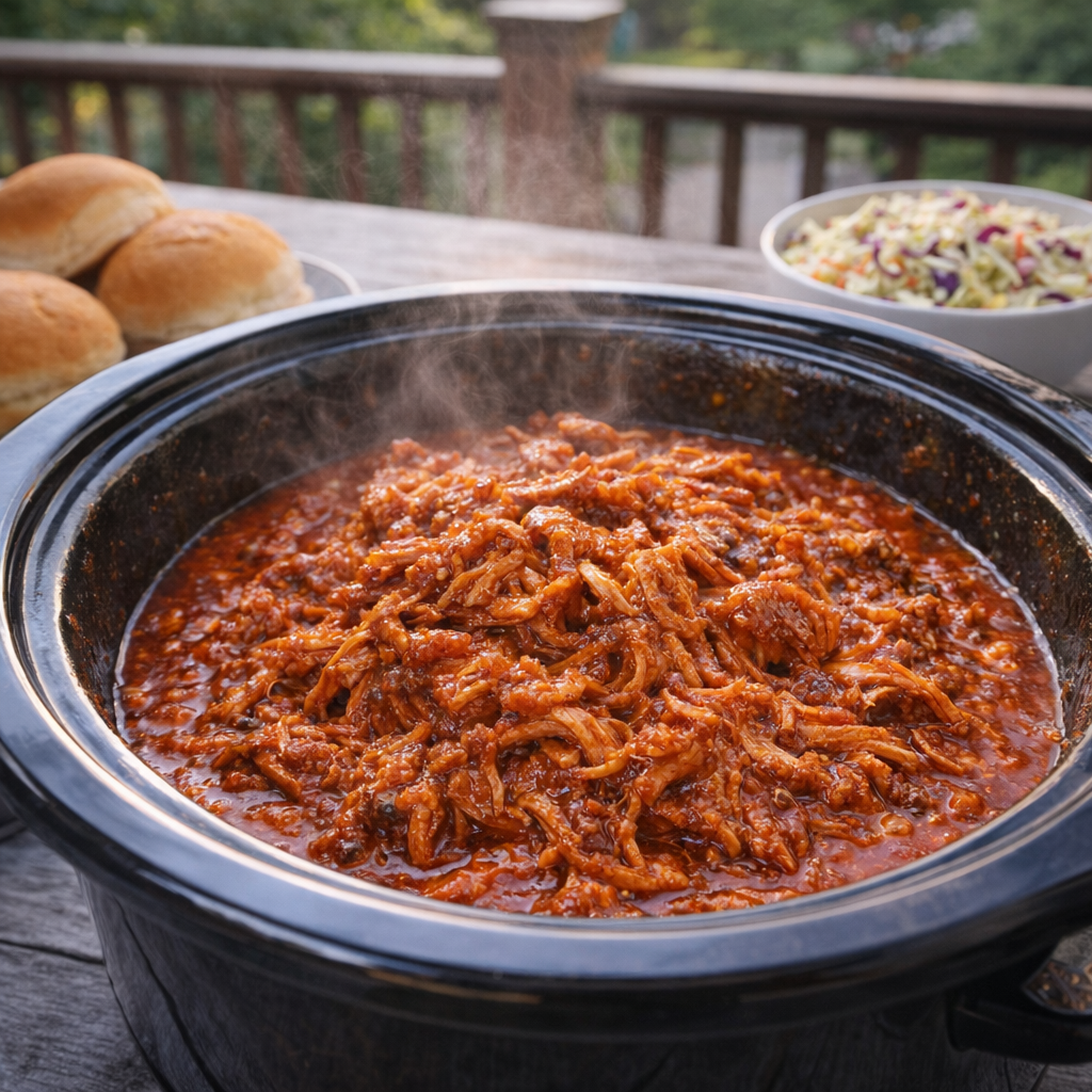 Slow cooker buffalo ranch pulled pork in a casual backyard setting