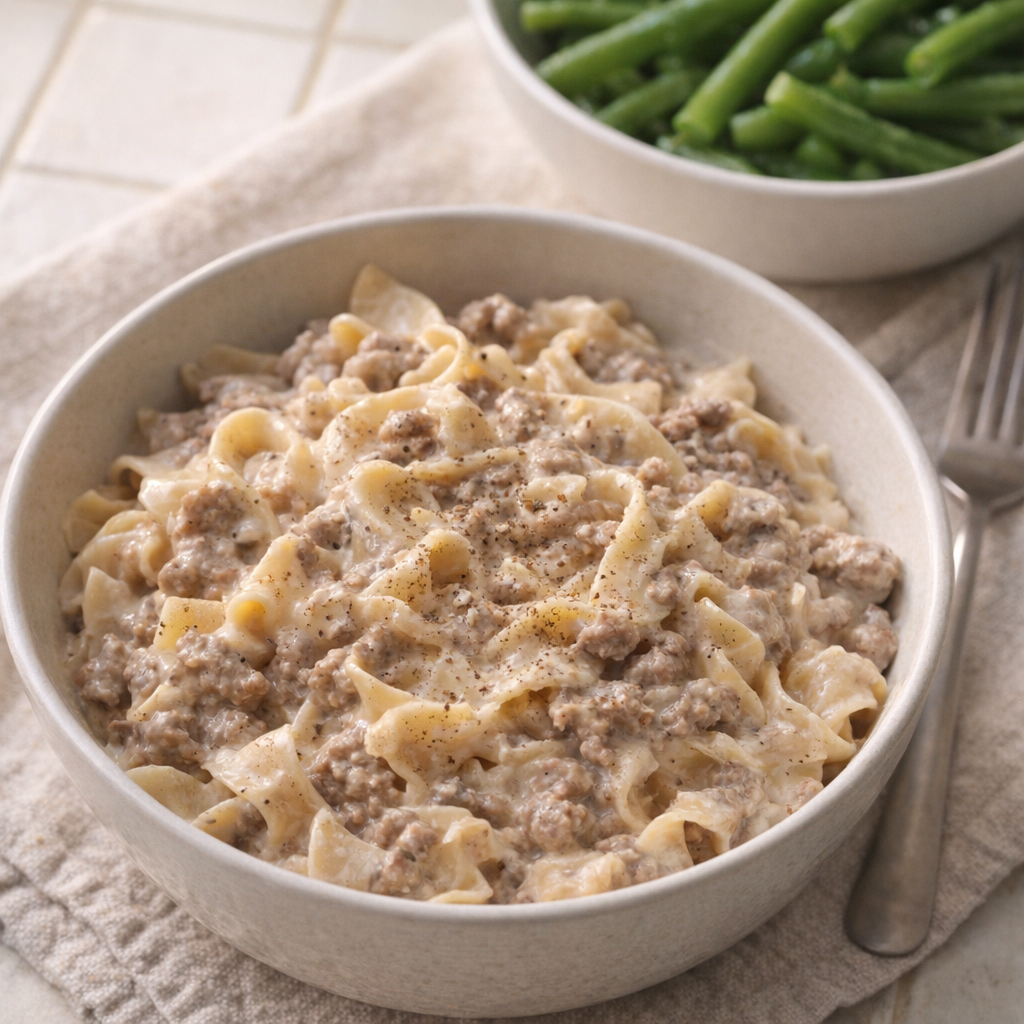 Bowl of creamy beef and noodles served with green beans