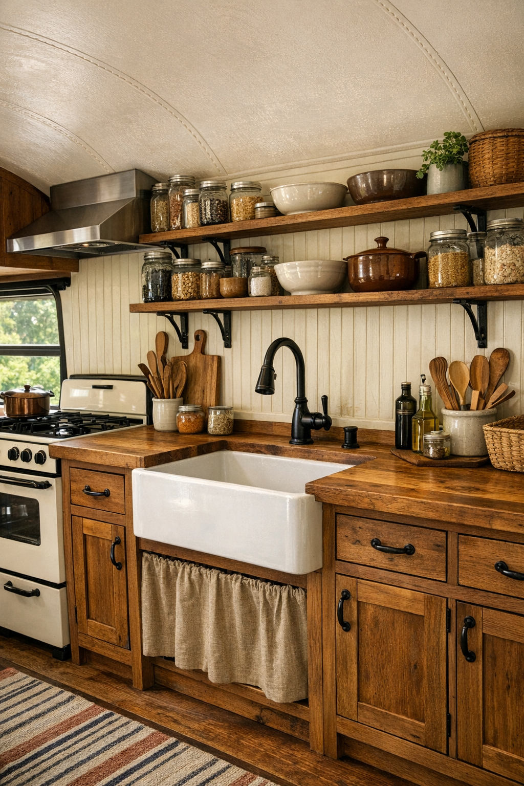 Warm rustic bus kitchen with butcher block counters and open shelving