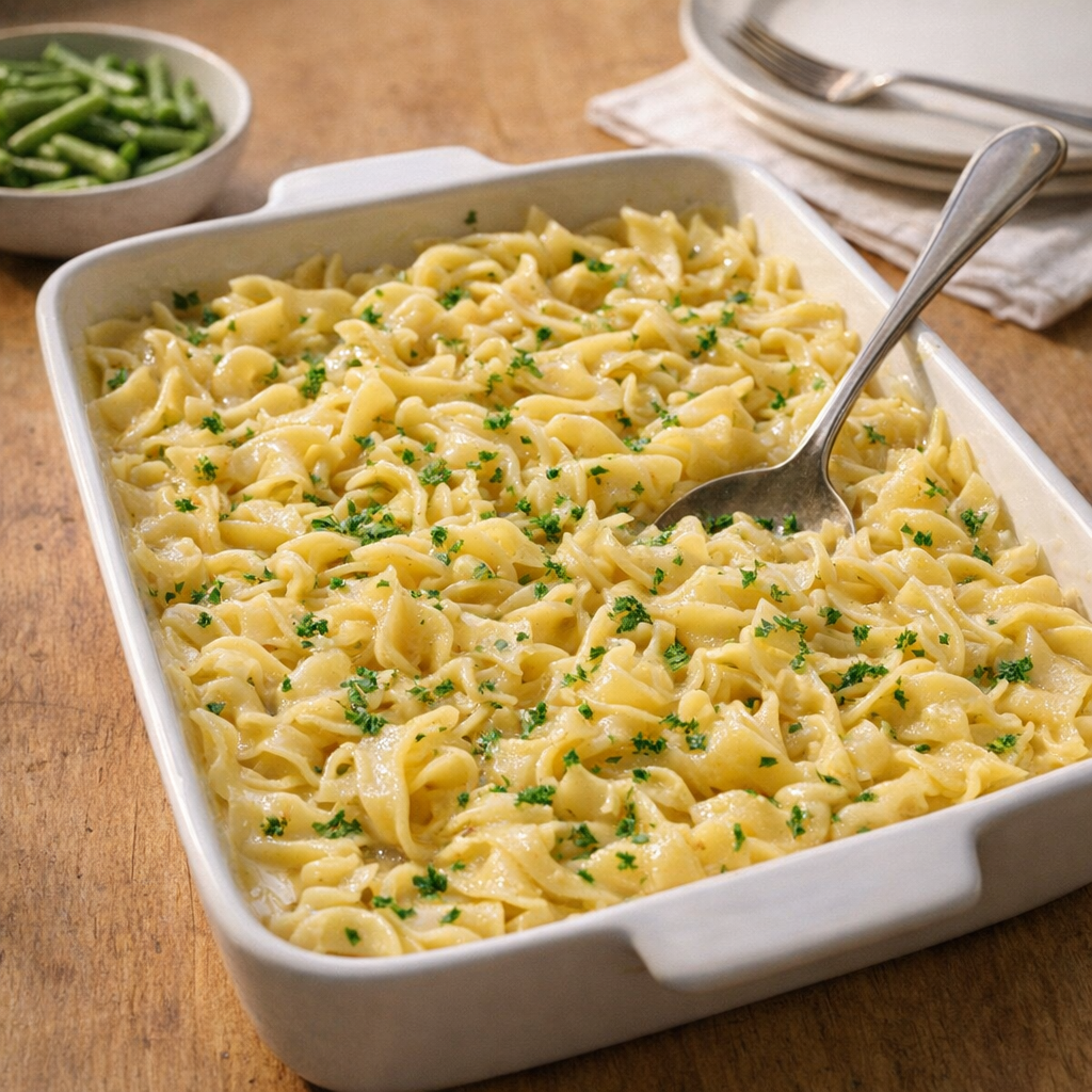 Buttered egg noodles served in a ceramic baking dish on a weeknight dinner table