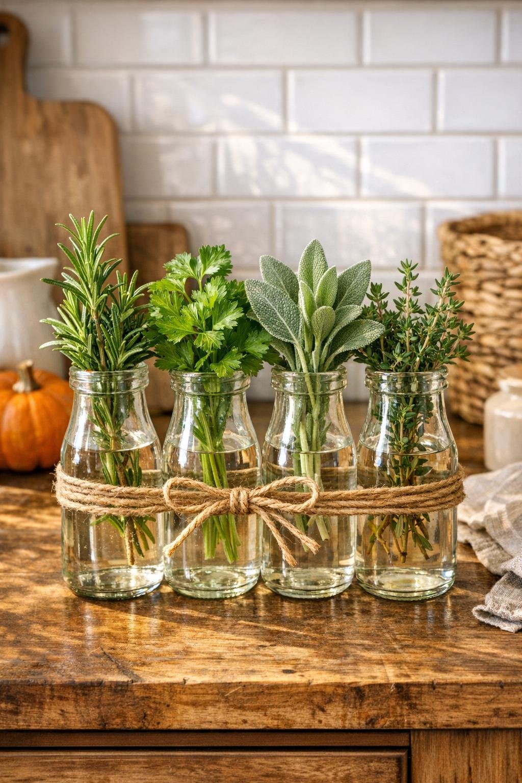 Finished fall kitchen herb display made from four old glass juice bottles tied with twine