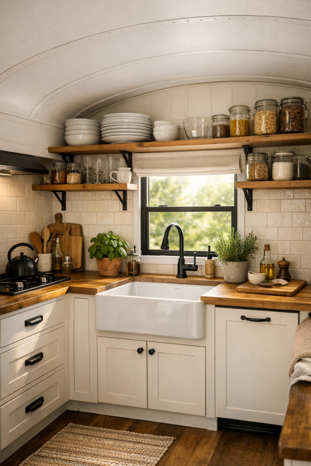 Warm white bus kitchen with butcher-block counters and compact farmhouse details