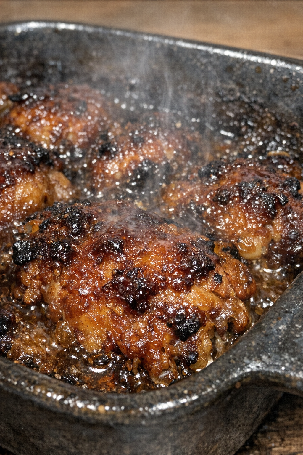 Roasted glazed casserole bubbling in a dark ceramic pan