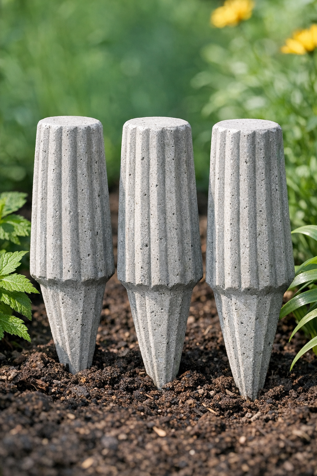Finished ridged cement garden stakes displayed in a garden bed