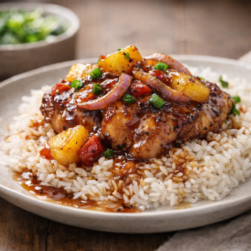 Served BBQ pineapple chicken with rice and extra glaze
