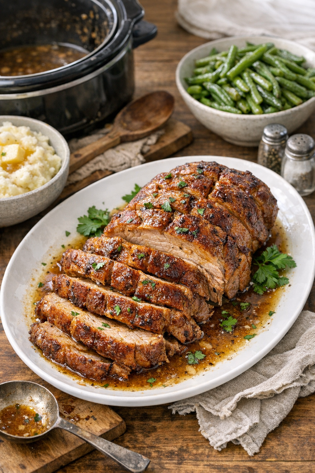 Finished slow cooker pork roast on a platter