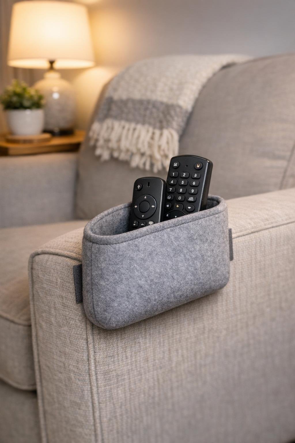 Finished DIY remote caddy attached to the sofa arm in a cozy living room