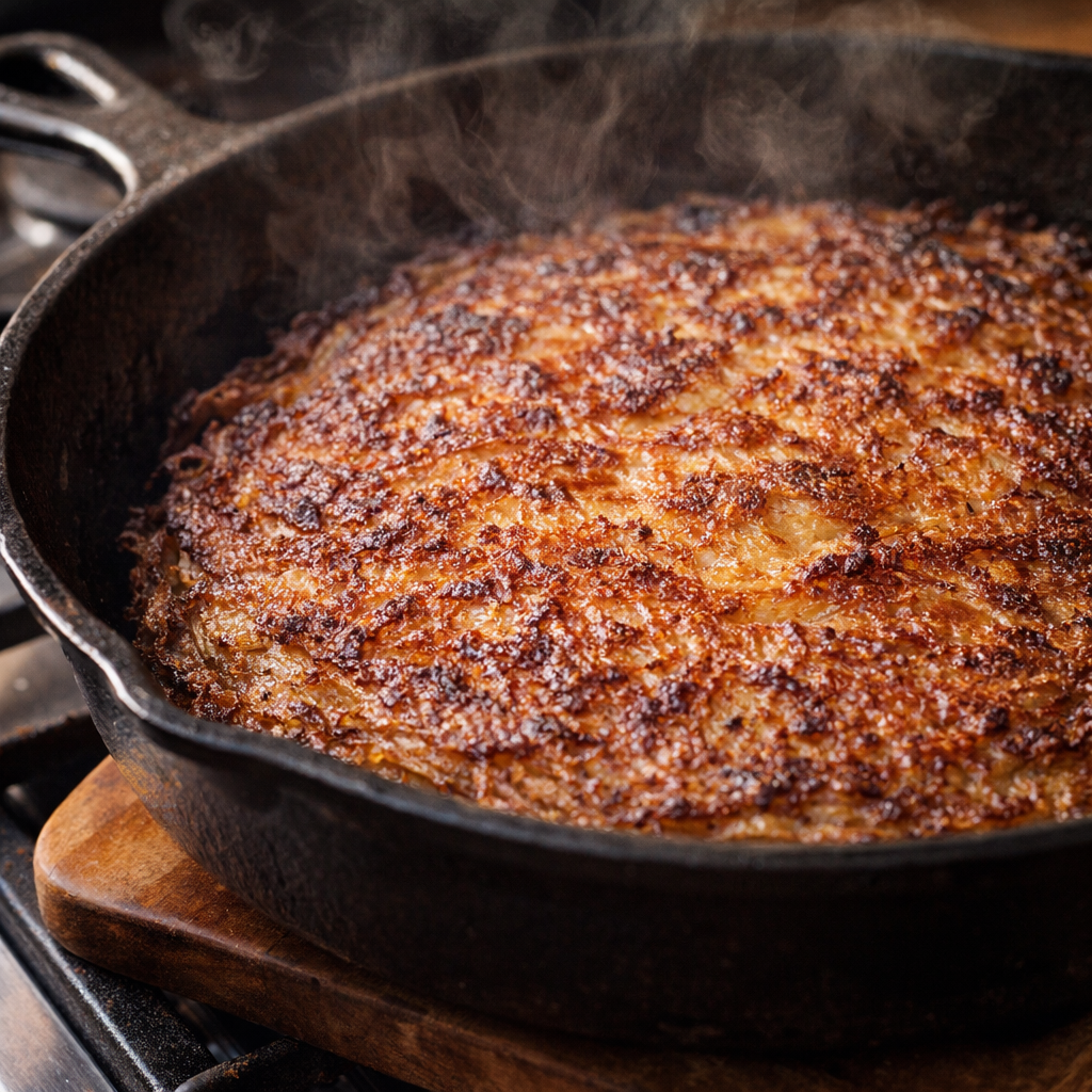 Baked potato galette in skillet with deeply golden top