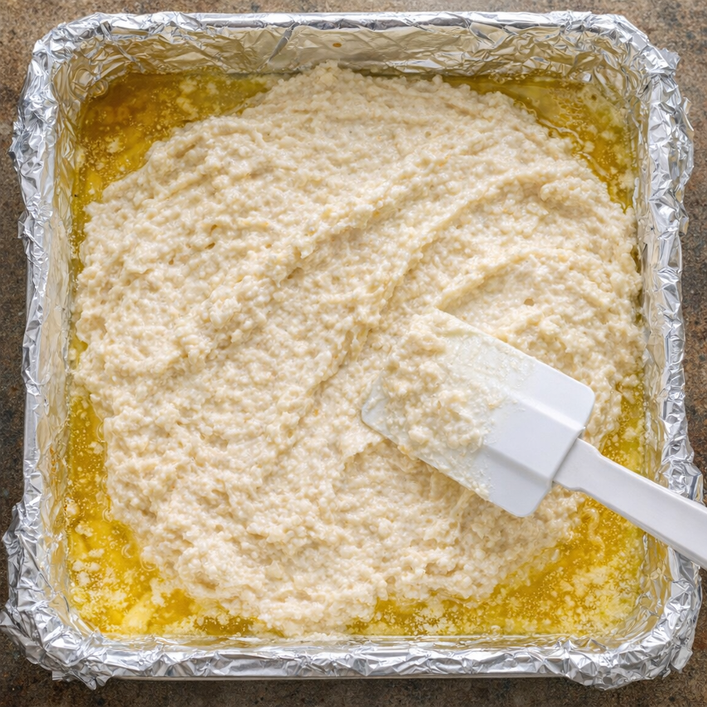 Thick biscuit batter being spread into melted butter