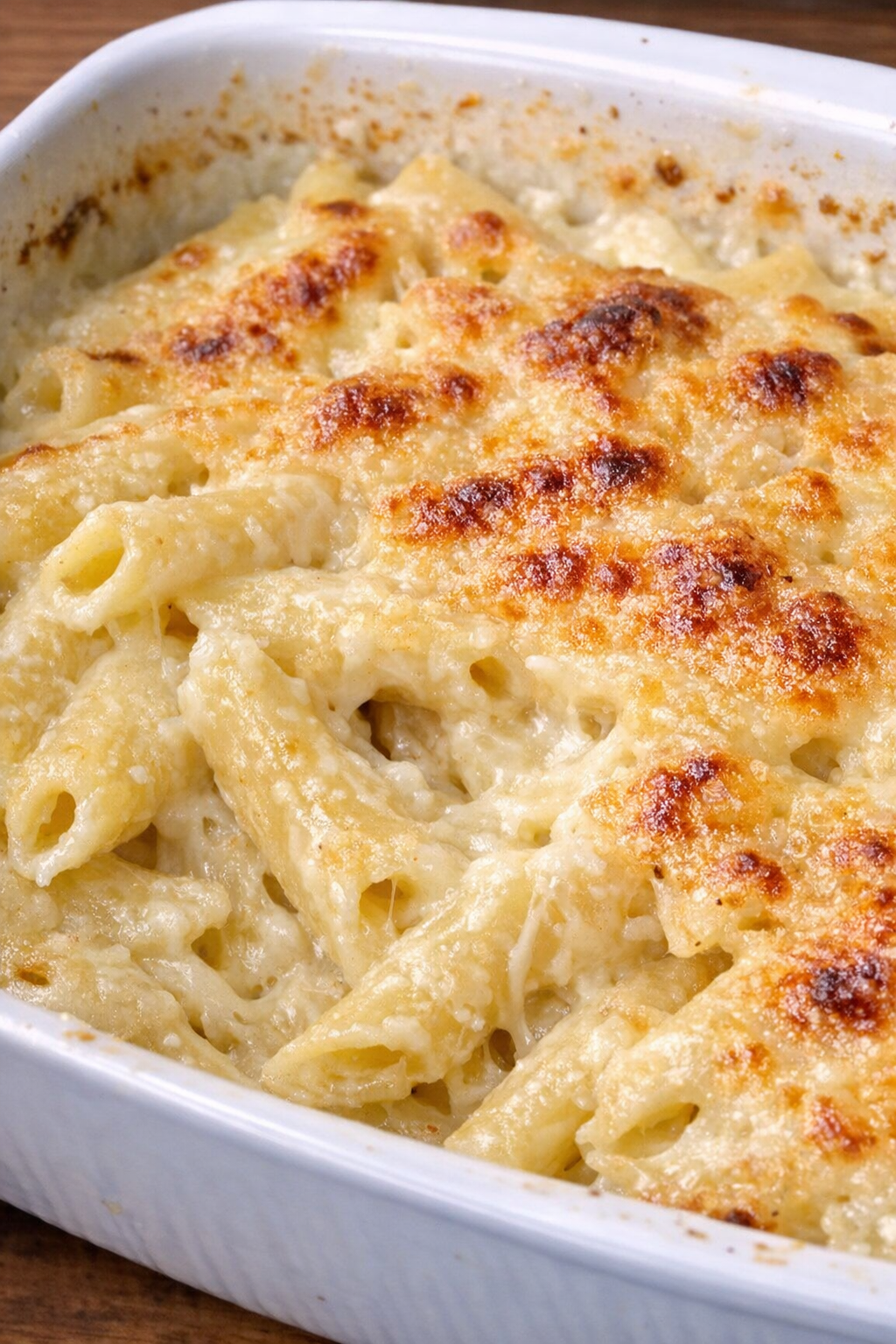 Creamy baked brie penne in a white casserole dish
