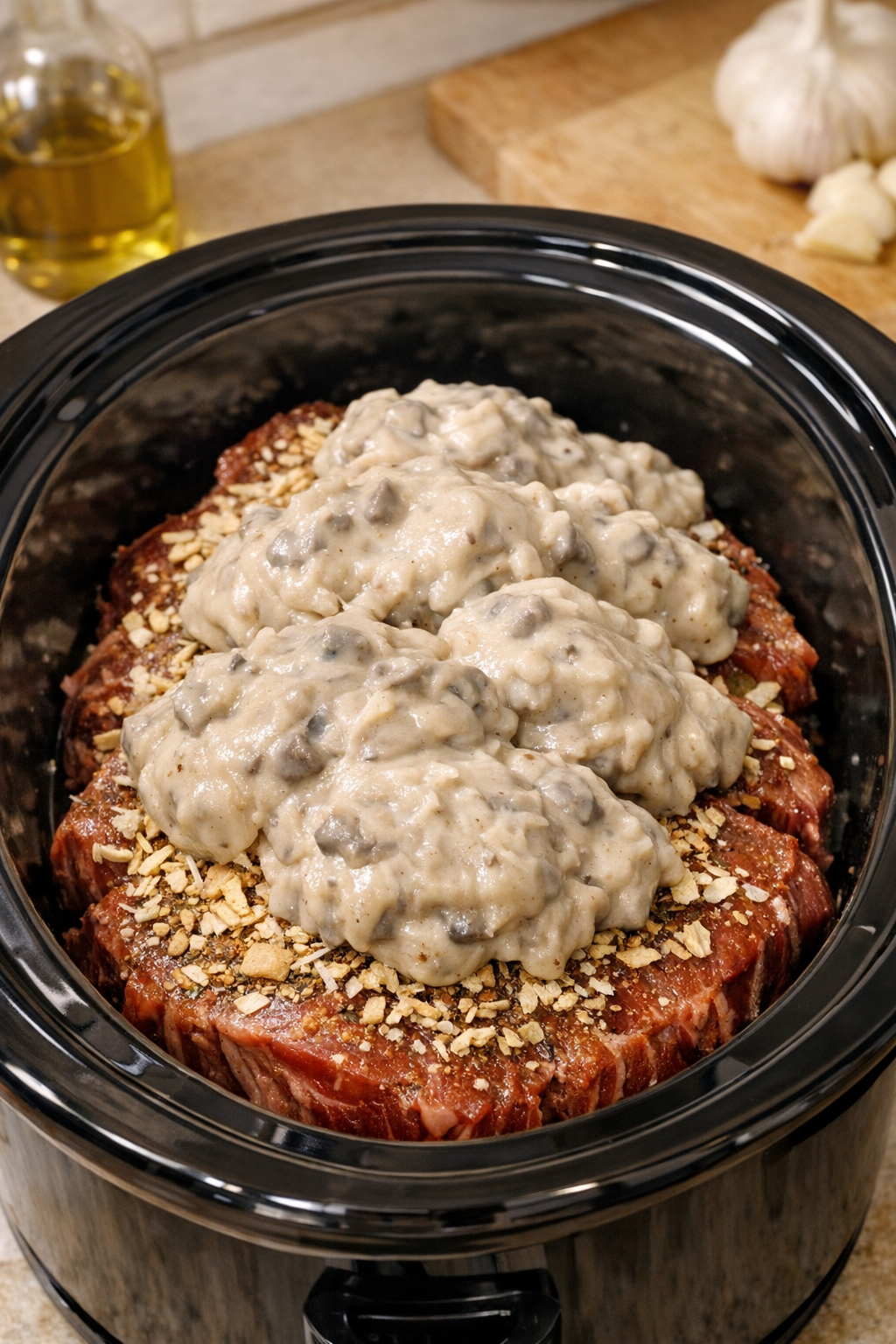 Chuck roast in slow cooker topped with onion soup mix and mushroom soup