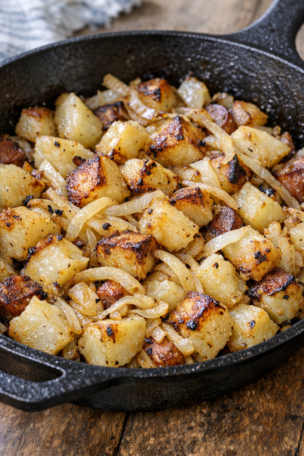 Potatoes and onions browning in a skillet
