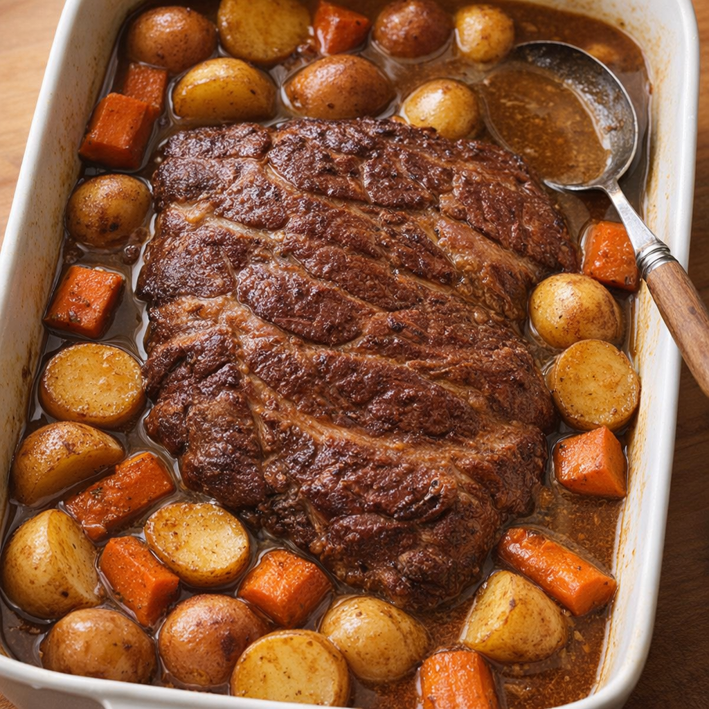 Chuck roast baked with potatoes and carrots