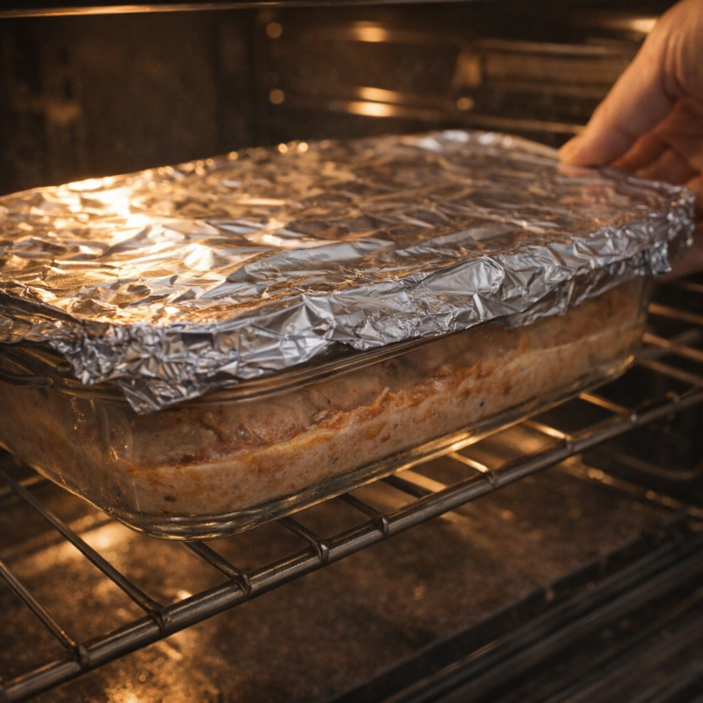 Foil-covered casserole dish ready to bake