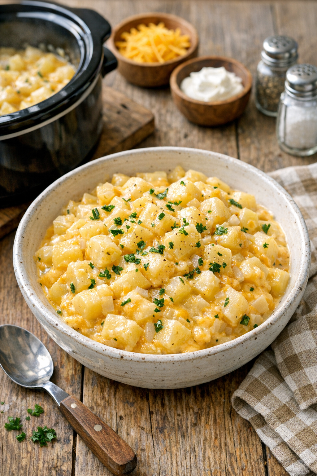 Finished creamy Amish summer's end potatoes in a serving dish