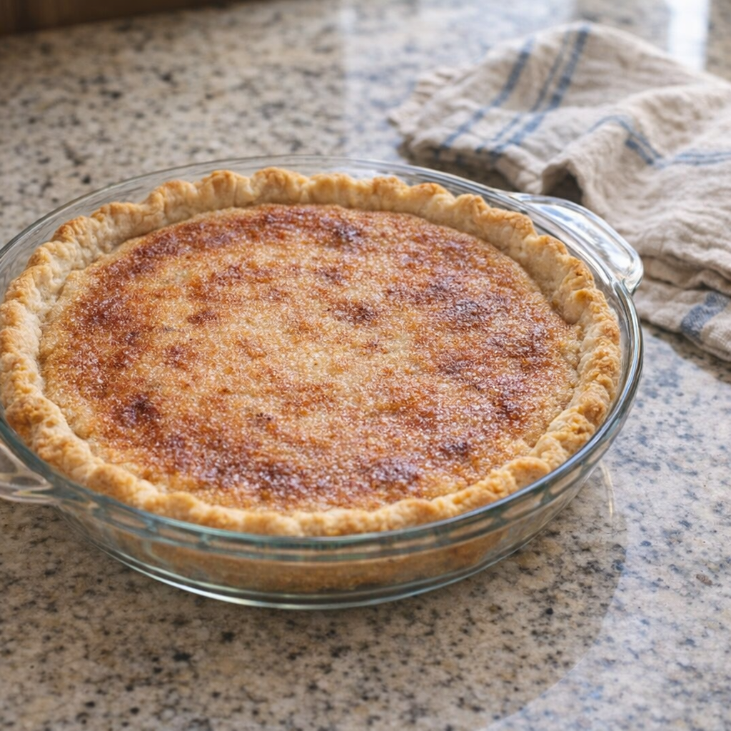 Old-fashioned caramel pie cooling on a speckled kitchen counter