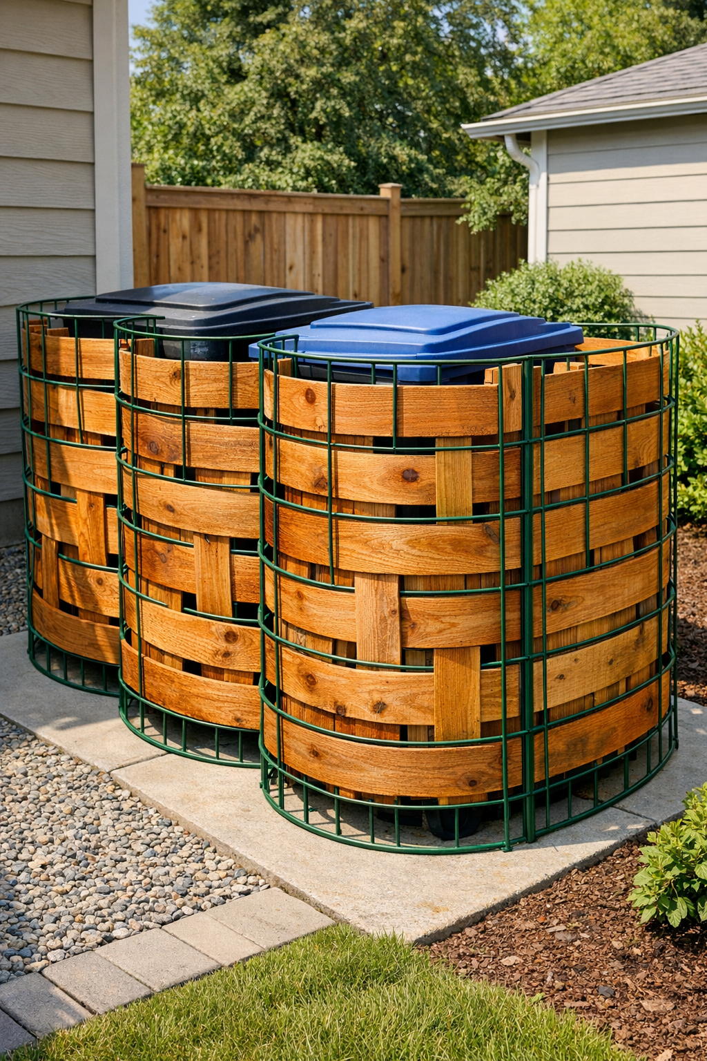 Finished outdoor garbage can screen made from woven natural cedar fence pickets and tall green metal tomato cages