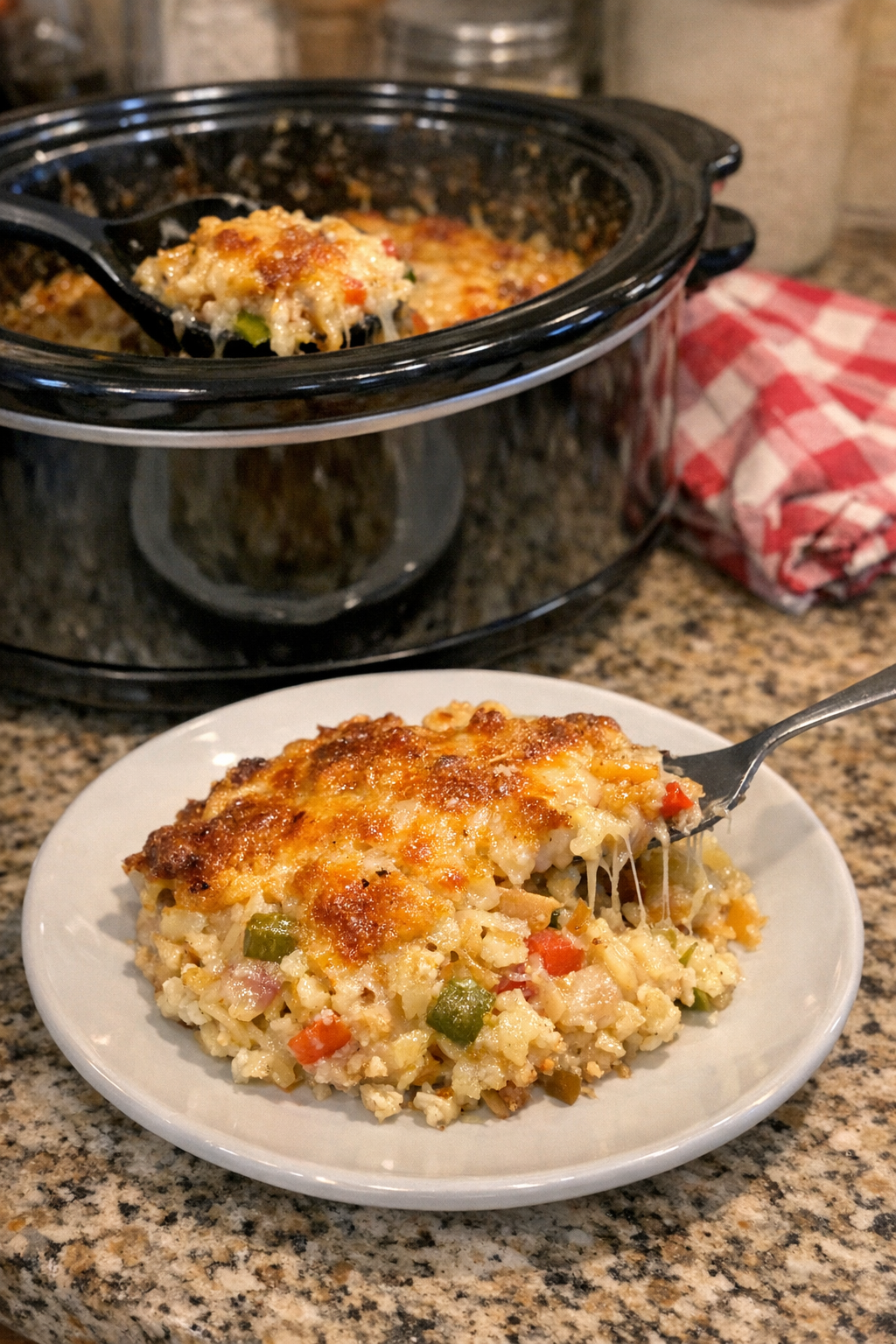 Finished cheesy hash brown casserole in a slow cooker