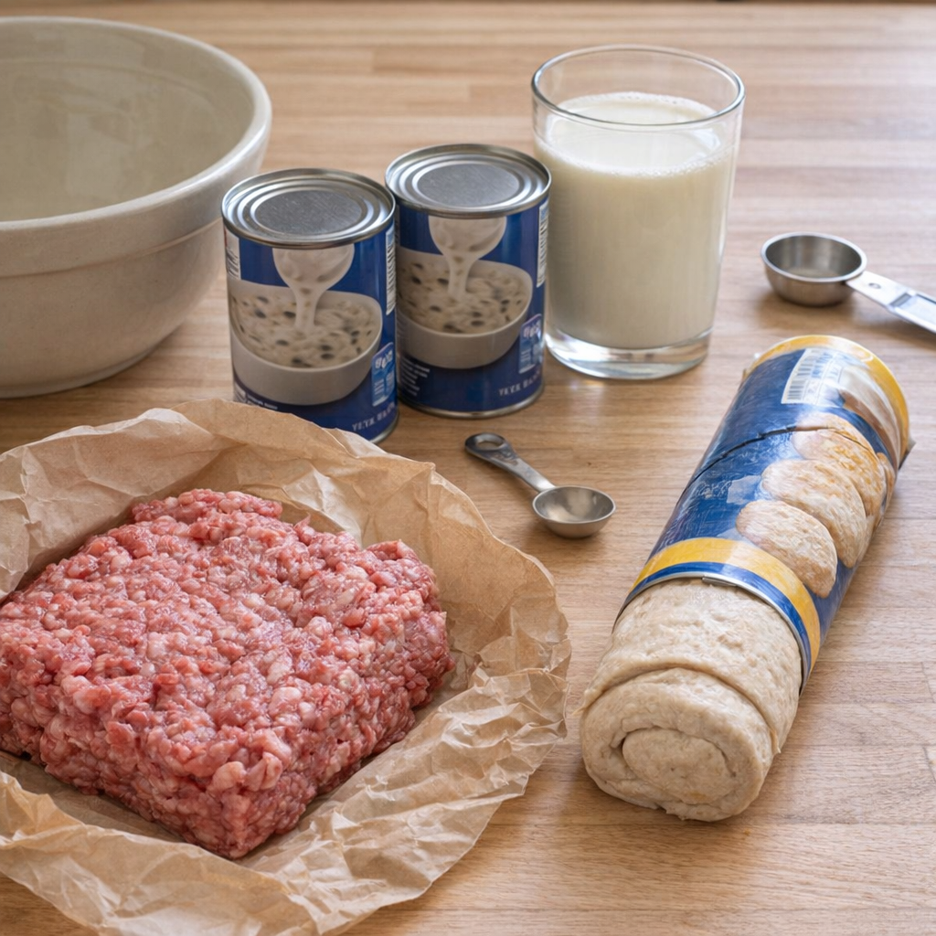 Simple casserole ingredients arranged on a kitchen counter