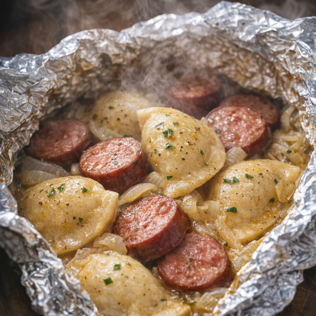 Opened foil packet with tender pierogies and sausage inside