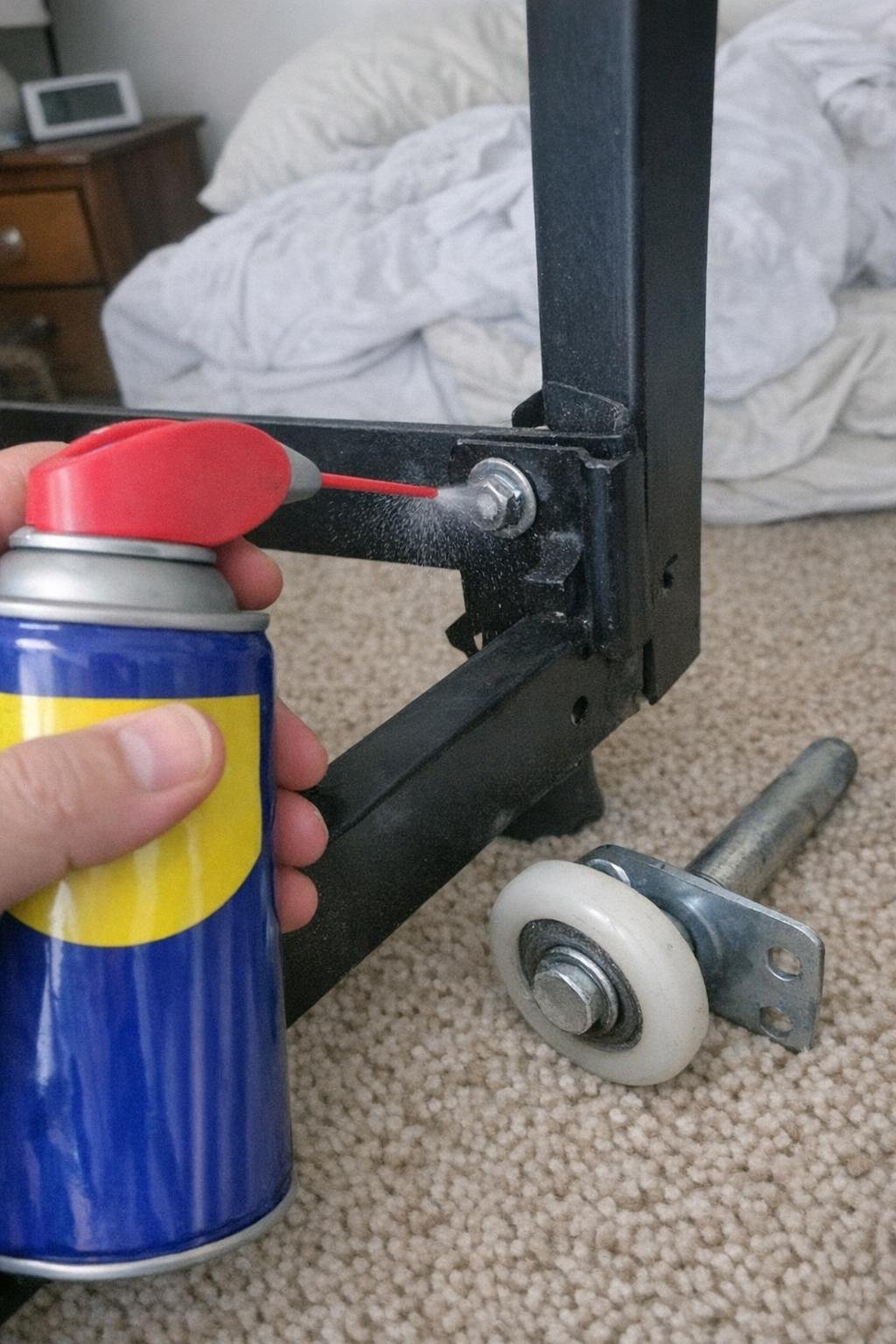 WD-40 applied to a squeaky bed frame joint and garage door roller