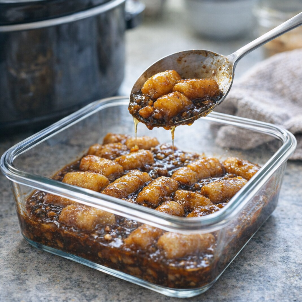 Leftover bananas foster being stored in a glass container