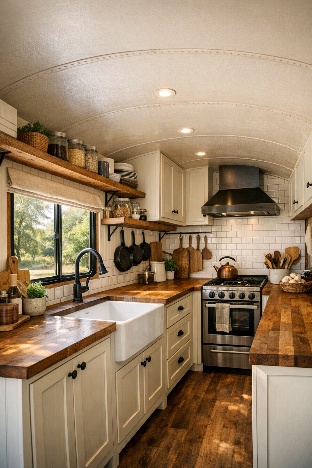 Efficient galley kitchen in the converted bus with white cabinetry, butcher block counters, and farmhouse sink