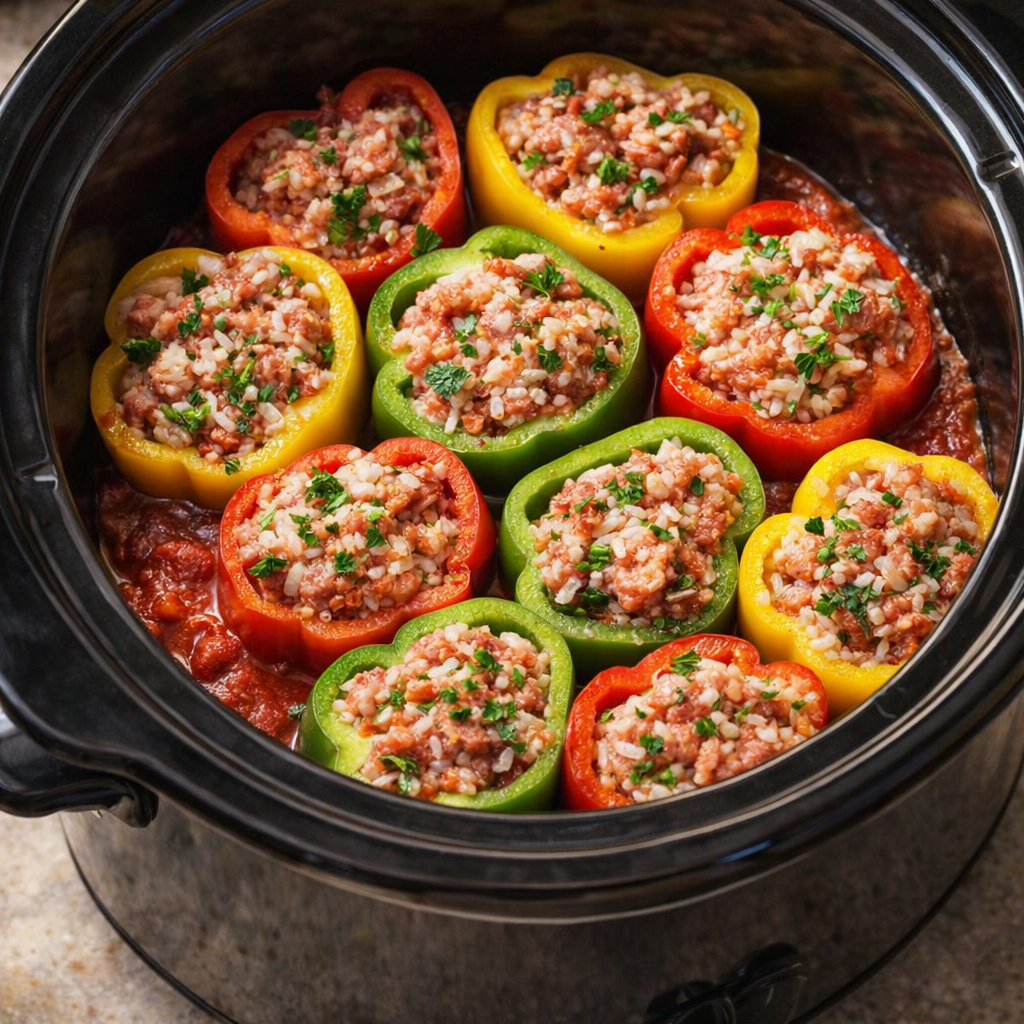 Slow cooker filled with colorful stuffed bell peppers before cooking