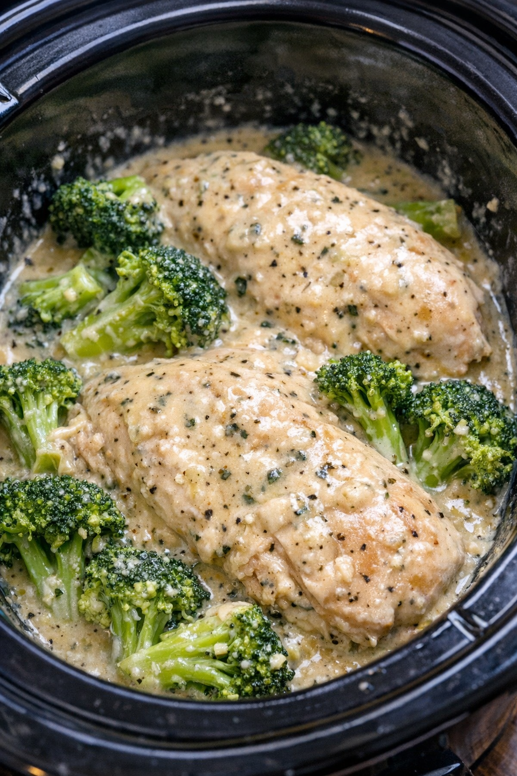 Slow cooker chicken and broccoli in a black slow cooker