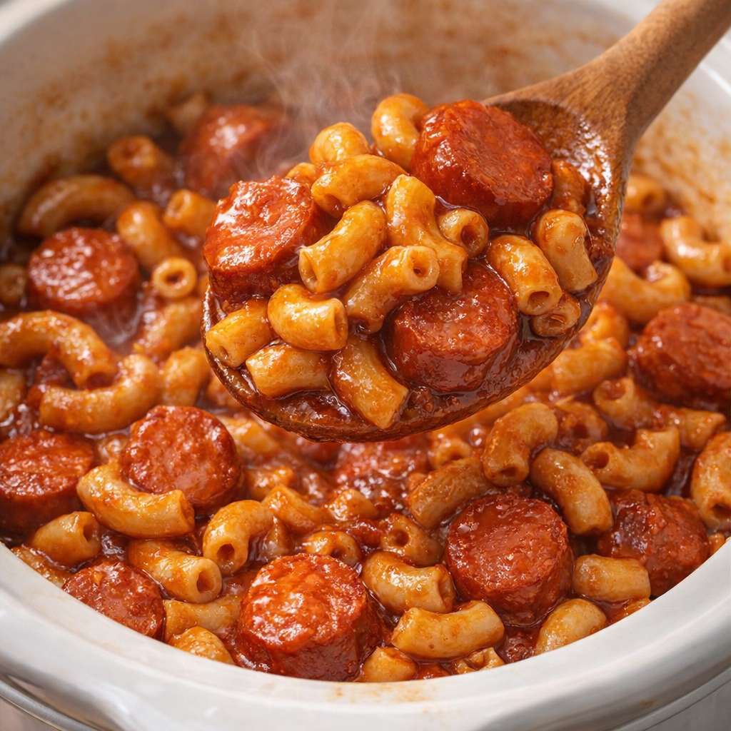 Finished hot dog macaroni being stirred in the slow cooker