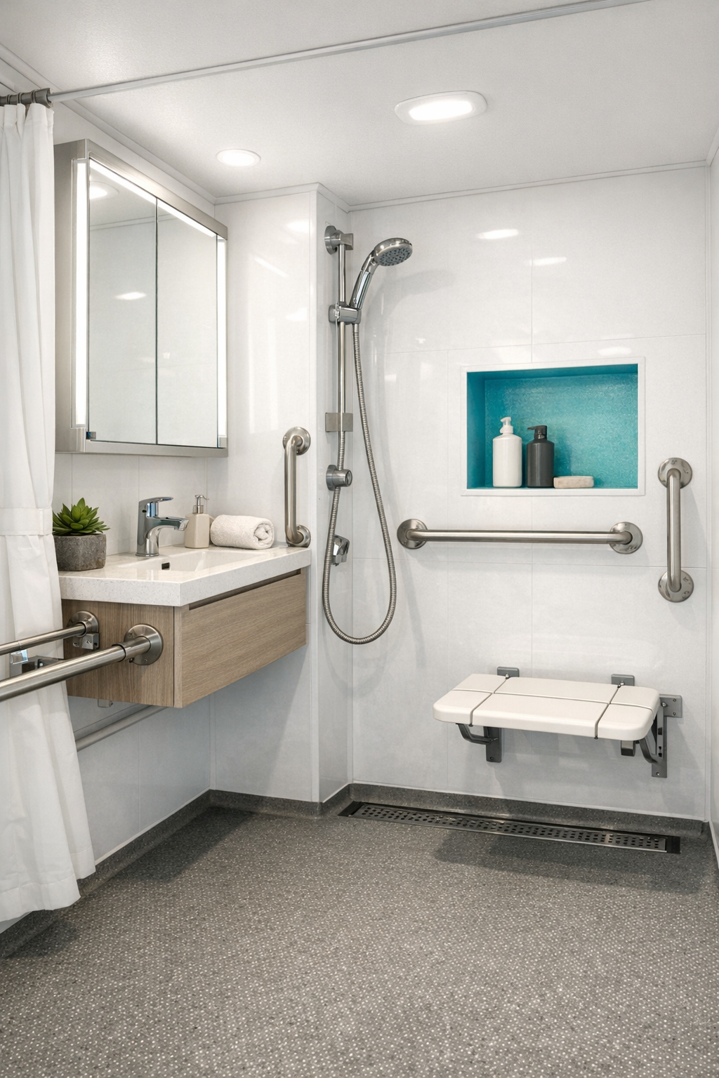 Accessible RV bathroom with roll-in shower and floating vanity