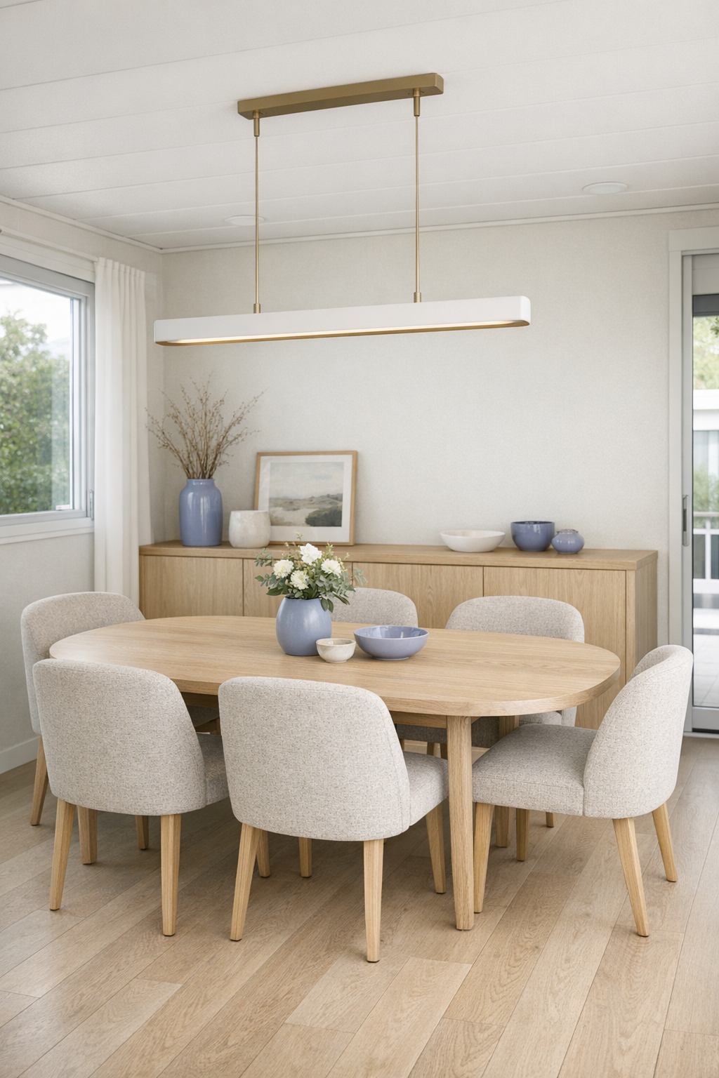 Airy dining room with pale oak table and soft neutral finishes