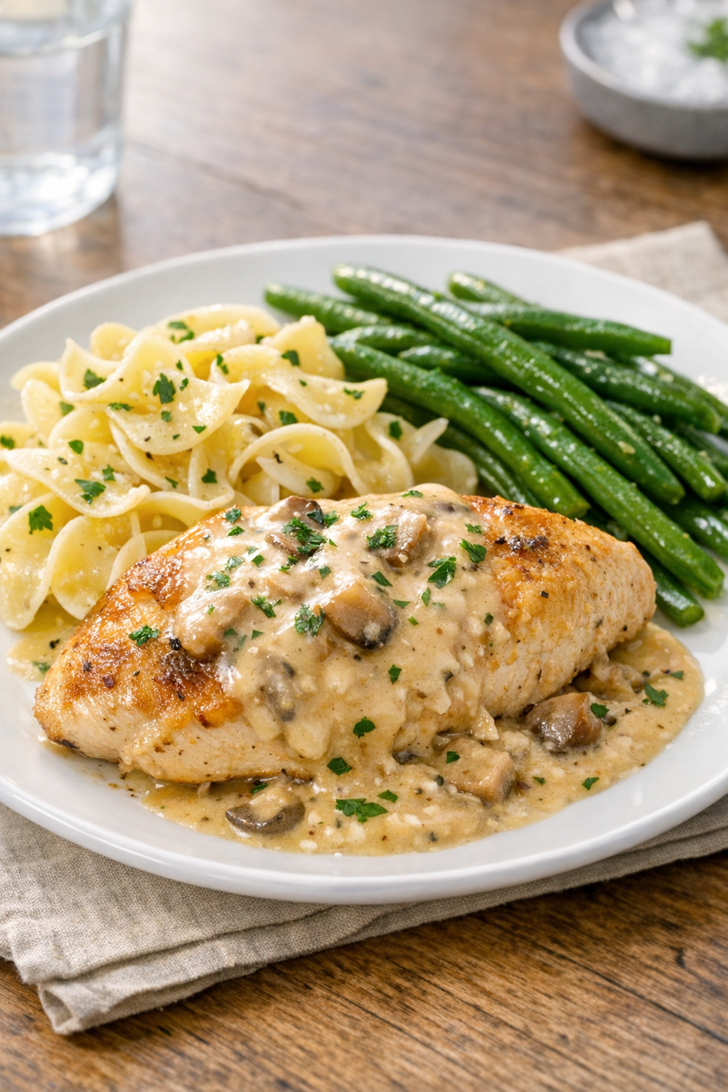 Plated slow cooker chicken with noodles and green beans