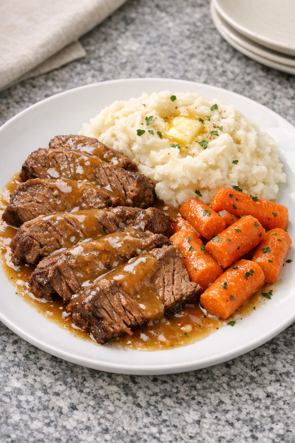 Finished apple cider beef plated with gravy
