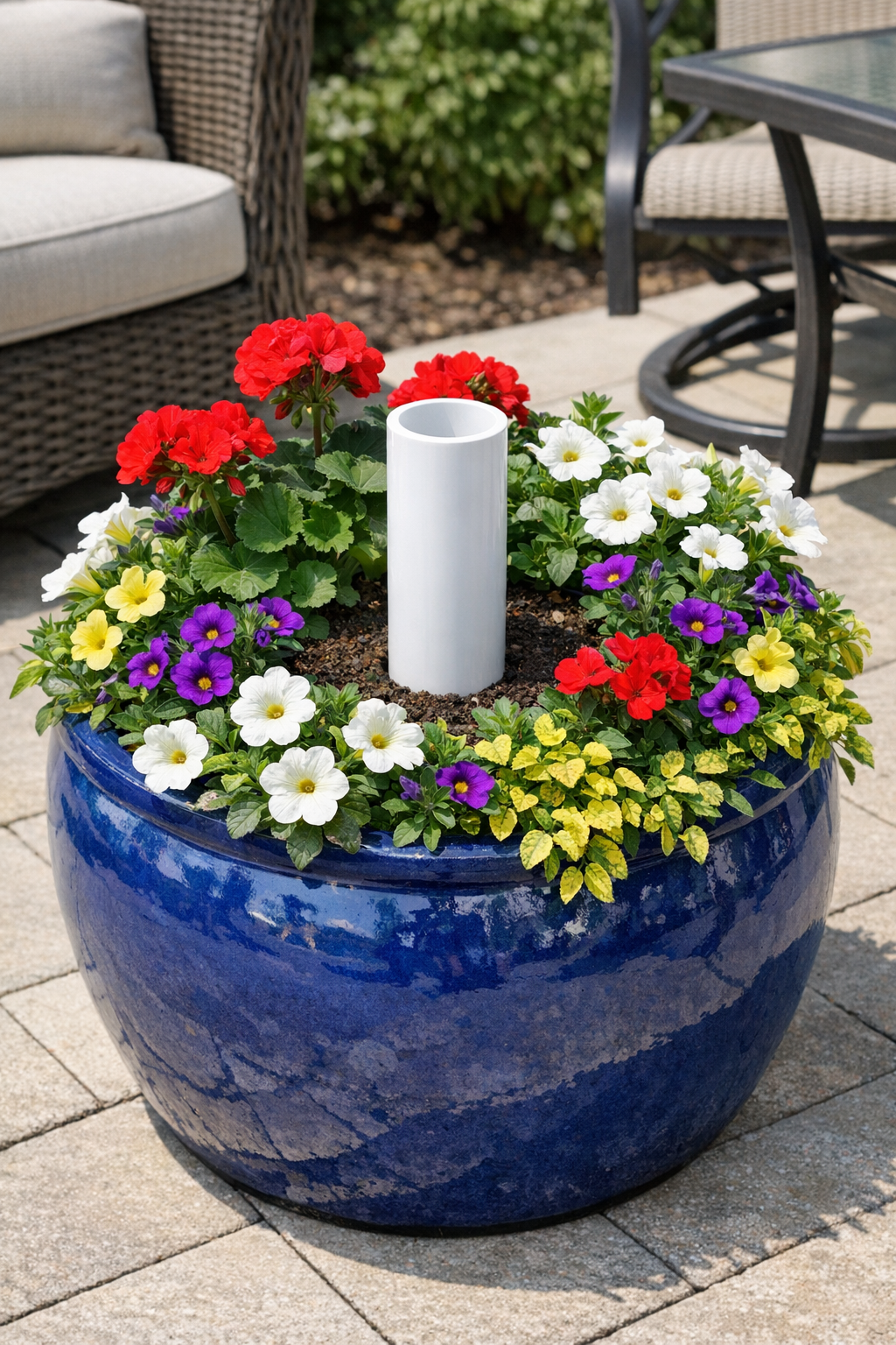 Finished blue ceramic planter umbrella stand with flowers and umbrella sleeve