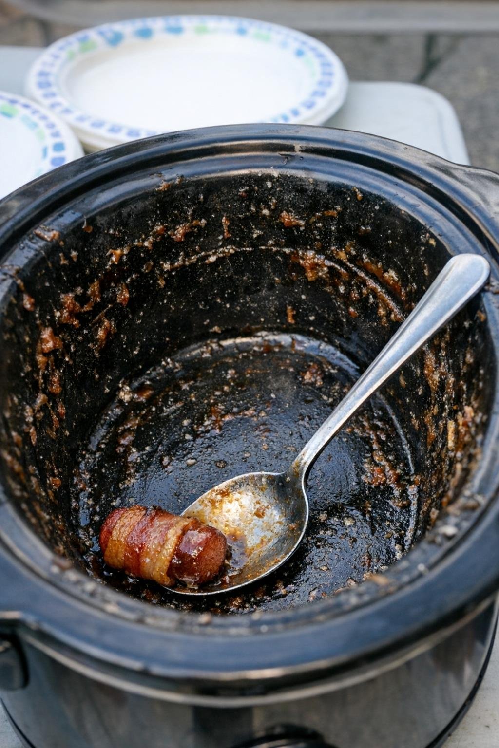 Slow cooker crock scraped nearly clean with one last glazed bite