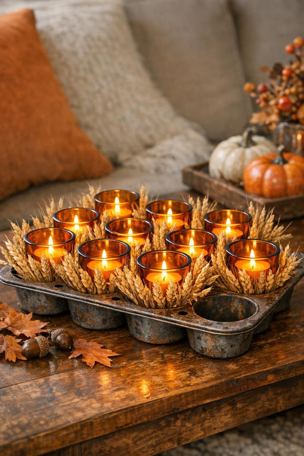 Finished autumn centerpiece tray with amber votives in a rustic muffin tin lined with wheat