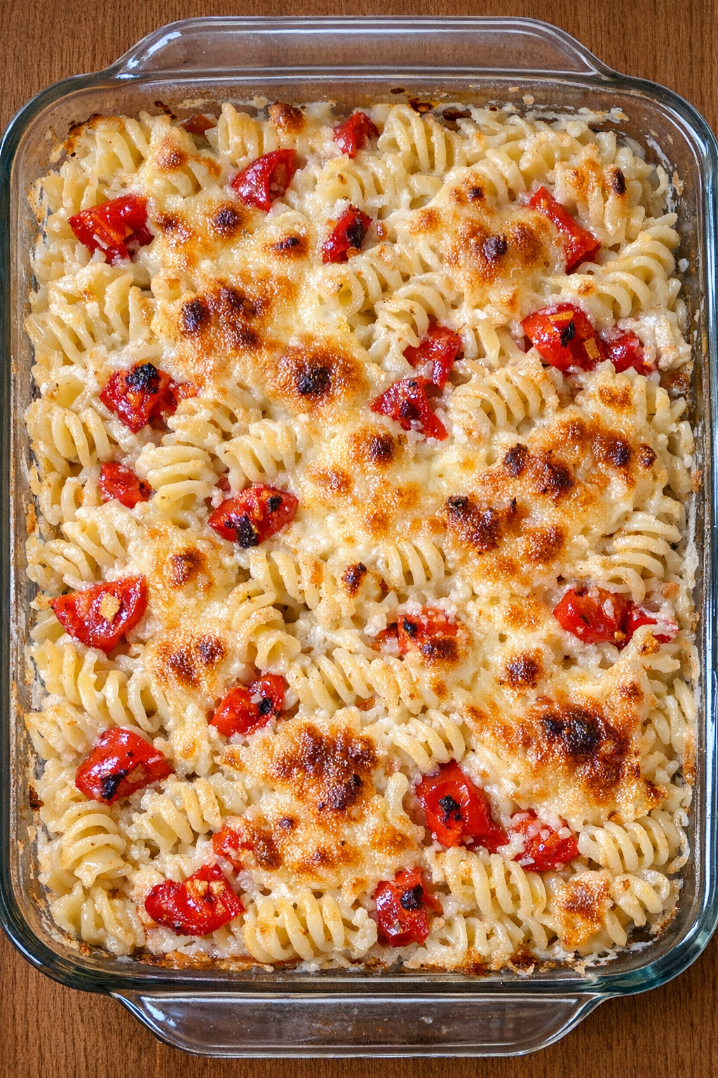 Creamy baked rotini pasta with roasted cherry peppers in a glass baking dish