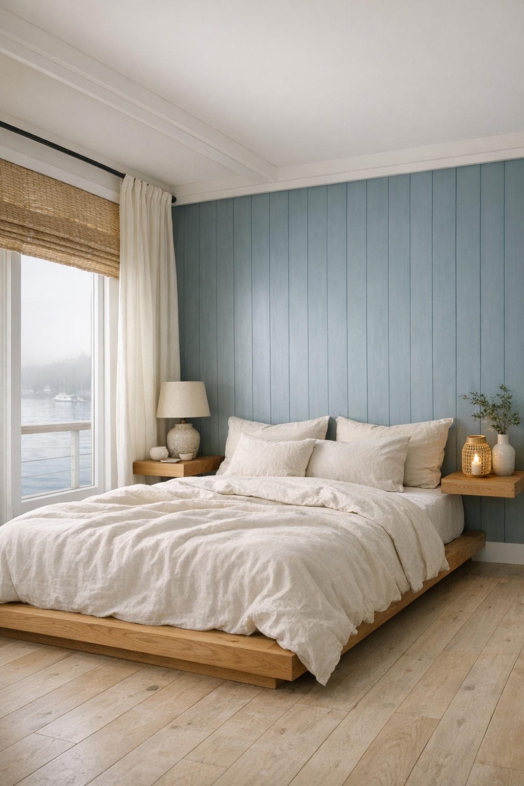 Serene coastal farmhouse bedroom with oak bed and blue-gray paneled wall