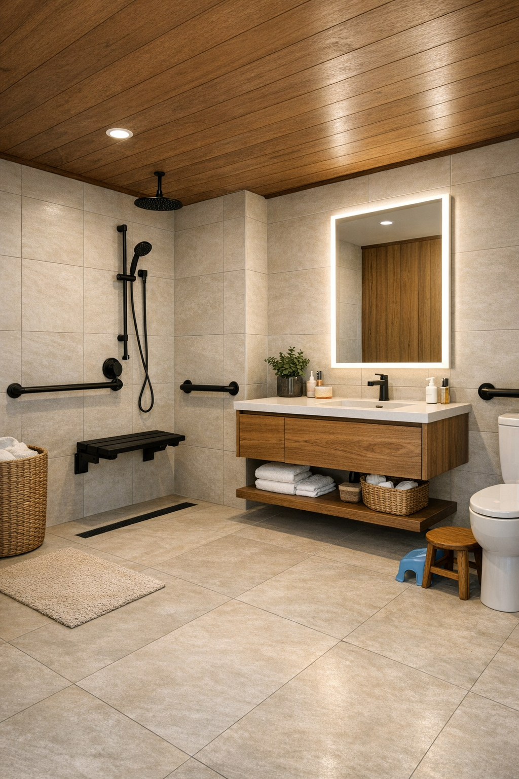 Thoughtful bathroom with curbless shower, warm wood vanity, and clean bright finishes