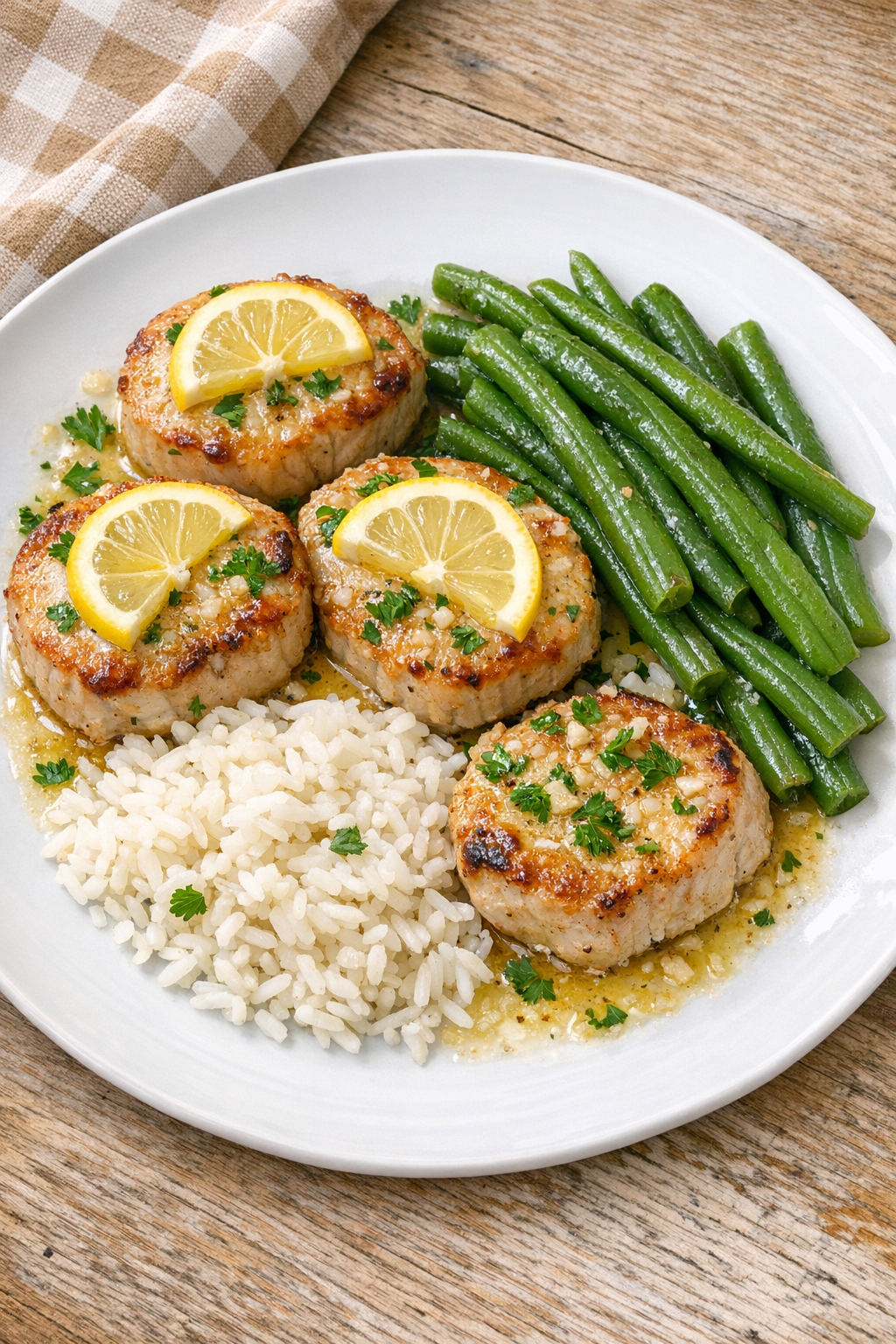 Finished baked tuna medallions plated with lemon and herbs