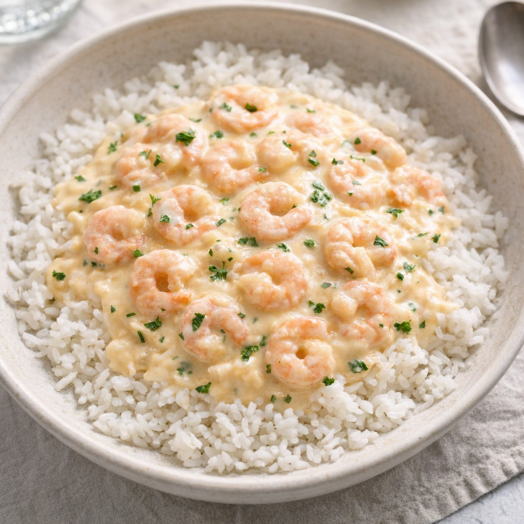 Slow cooker shrimp served over rice in a home kitchen