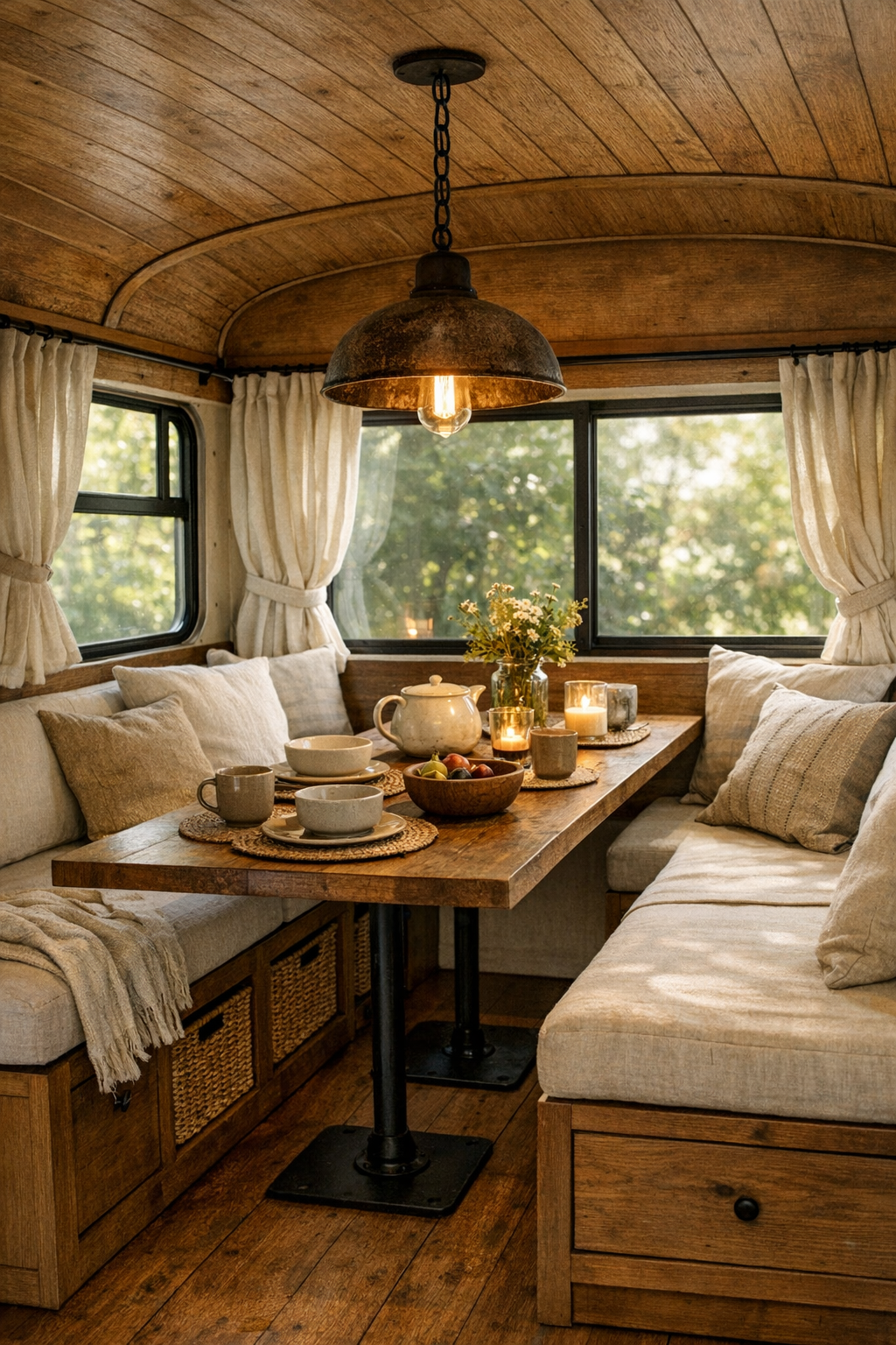 Built-in dining nook inside a converted bus with wood table and bench seating