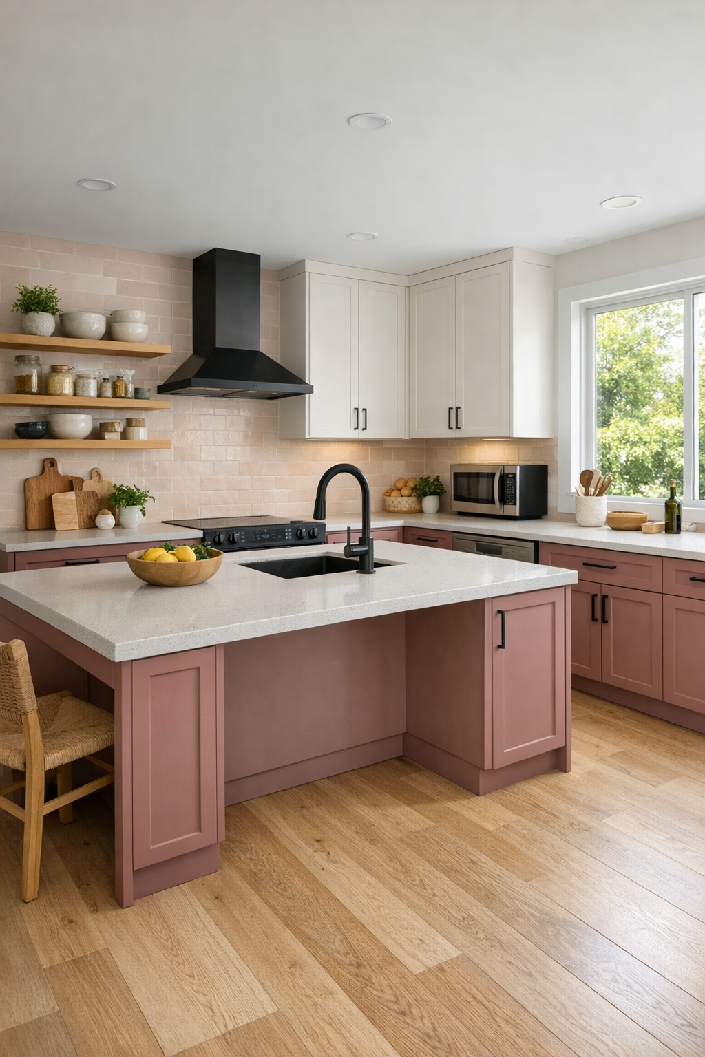 Modern accessible kitchen with dusty rose lower cabinets, white uppers, pale quartz counters, and oak shelving
